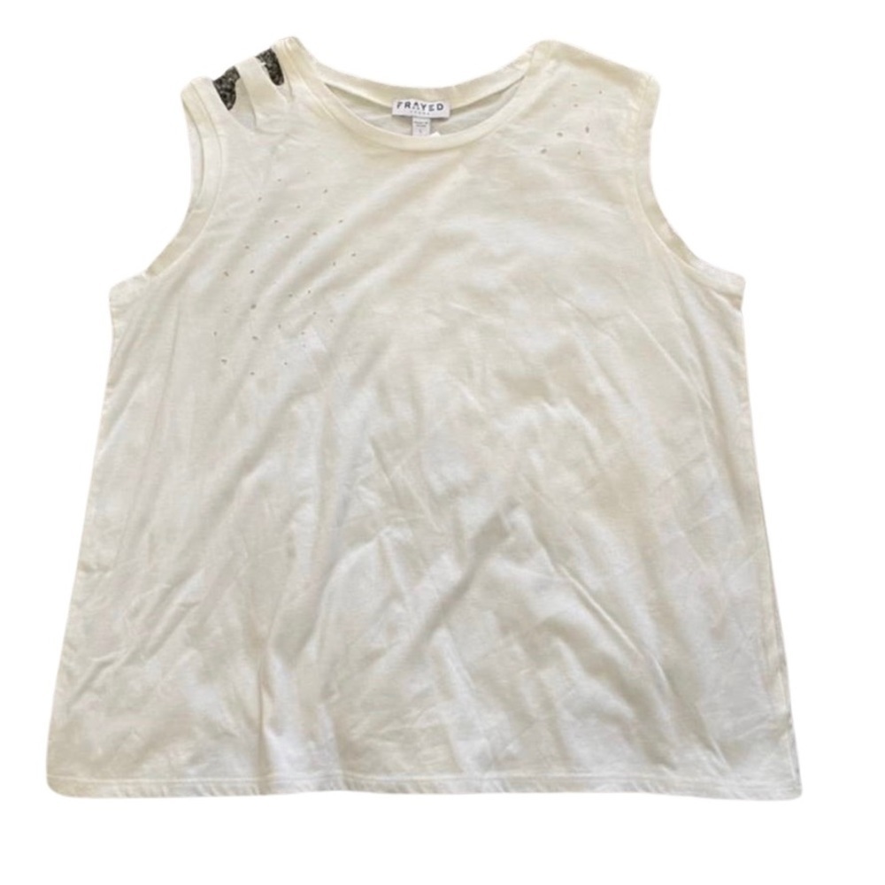 Frayed Jeans Distressed Tank Top​​​​in White, Size L​​​​​​​​